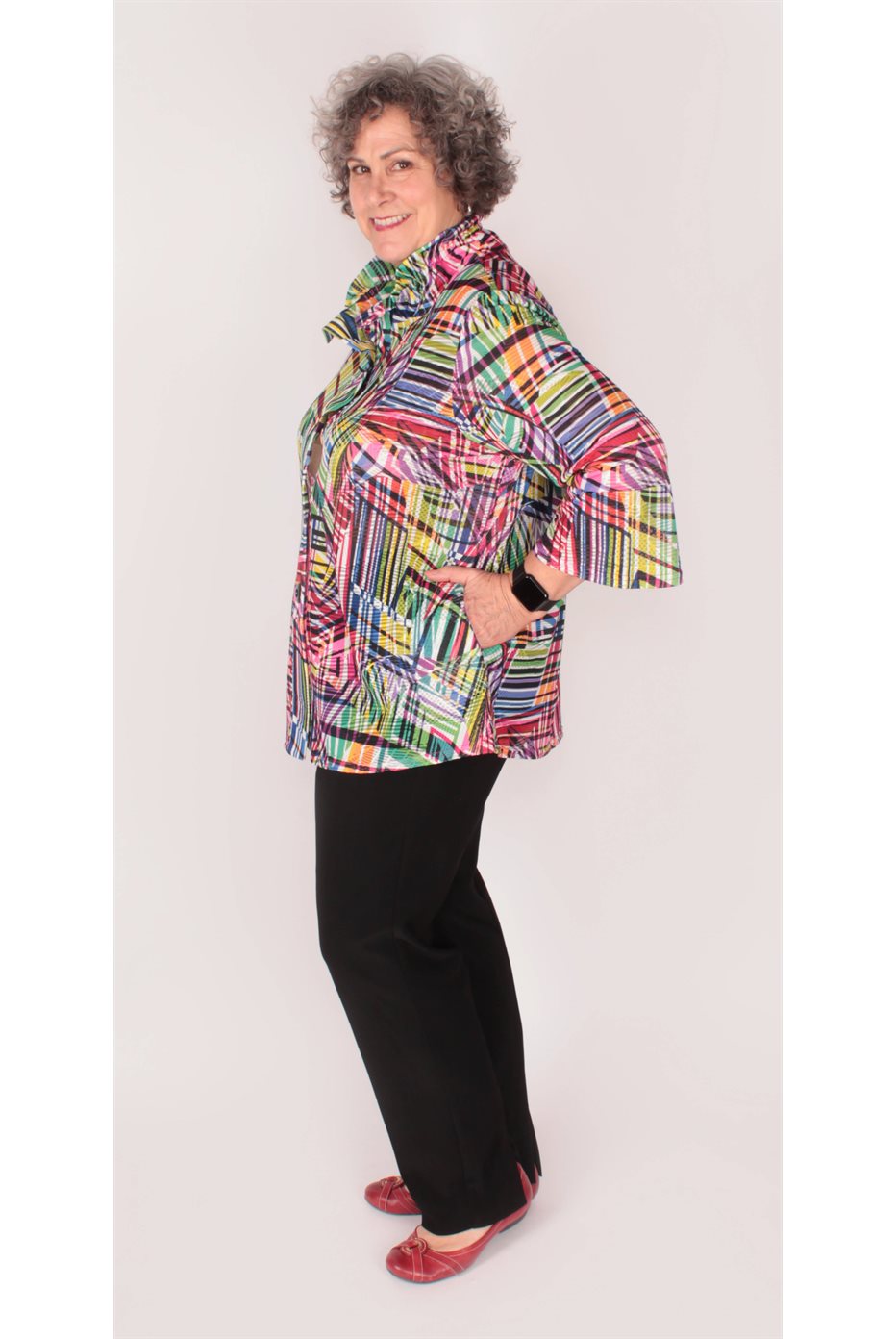 Blouson trapèze à imprimé patchwork rayé en tissu jacquard